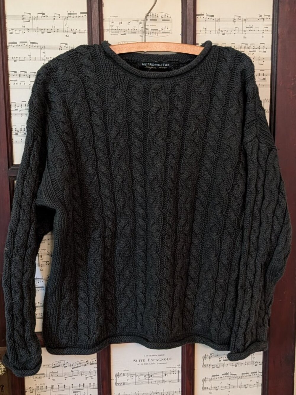 Irish Fisherman Style Roll Collar Sweater, Dark Green size Large